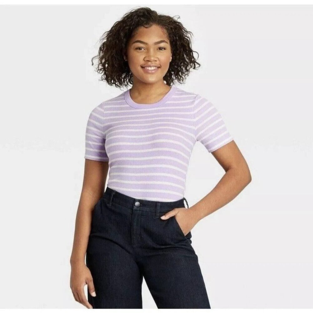 A New Day Women's Striped Short Sleeve Ribbed T-Shirt Purple & White Size 2X NEW